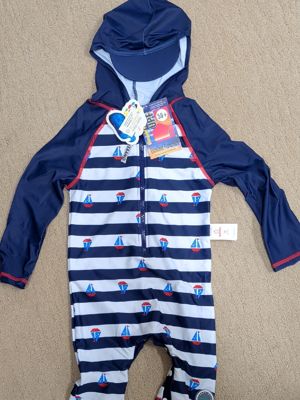 Kids Navy & White Striped Hooded Swim Suit with Sailboat Print